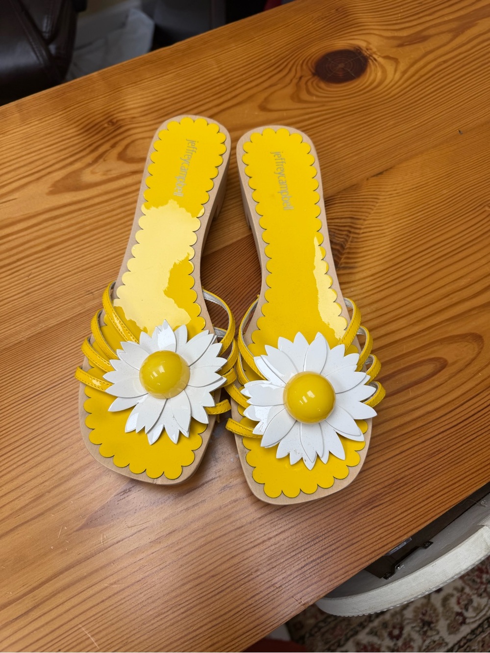 Jeffrey Campbell Yellow Daisy Slide Sandals with White Flower Accent